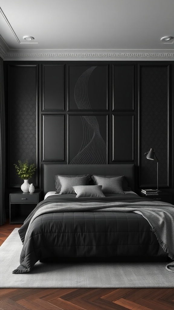A stylish black bedroom featuring textured black wall panels, a dark bedspread, and modern decor.