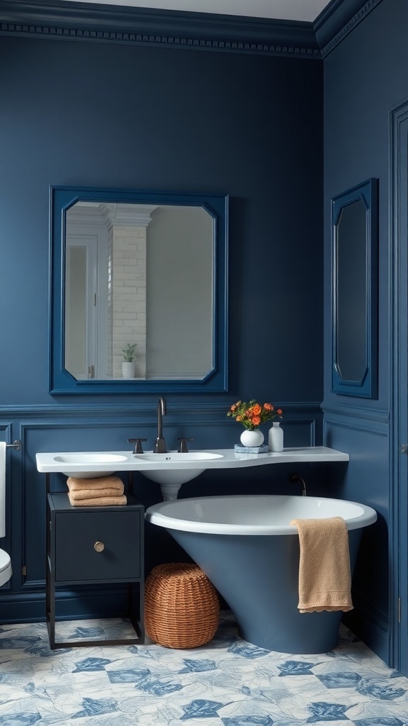 A dark blue bathroom featuring elegant blue framed mirrors, a stylish bathtub, and decorative elements.