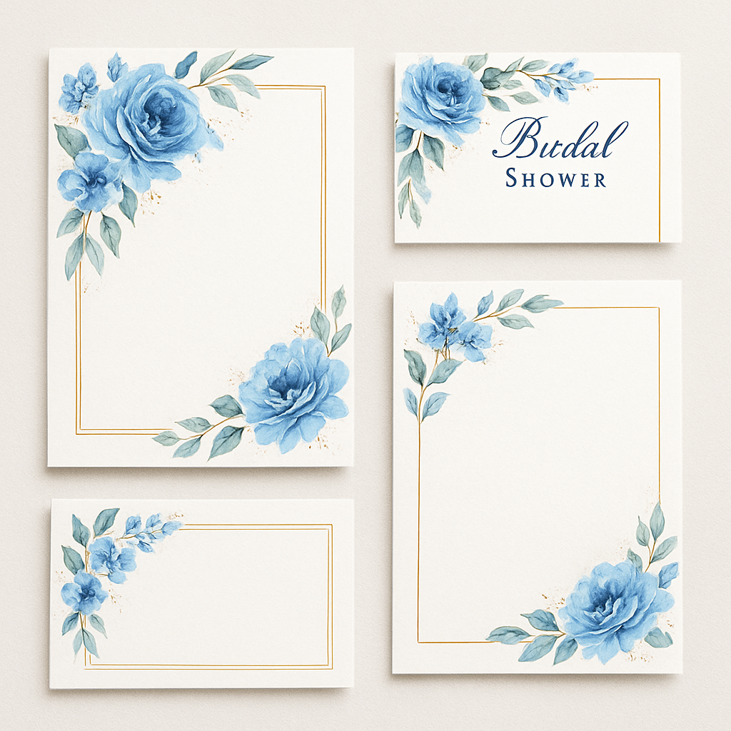 Elegant blue themed bridal shower invitations with floral designs