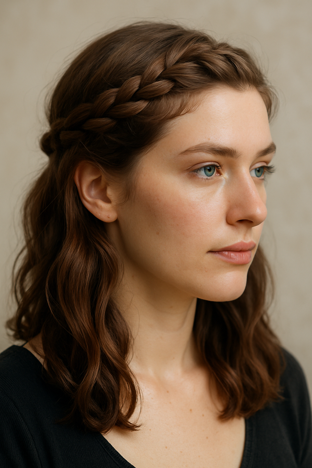 A woman with short hair styled in a braided crown, showcasing a romantic and elegant look.
