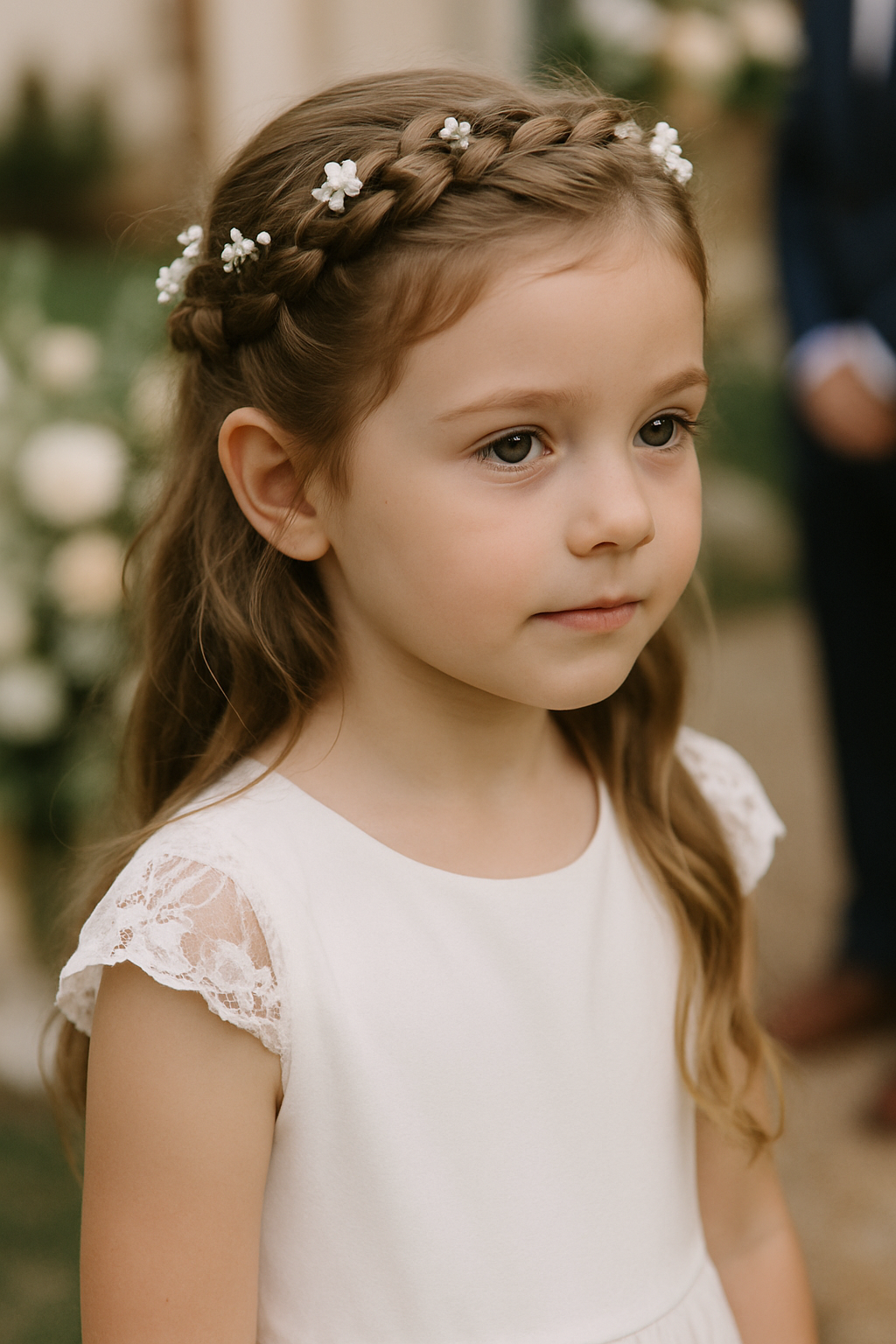 A young girl with a braided crown hairstyle, adorned with small flowers, wearing a simple white dress.