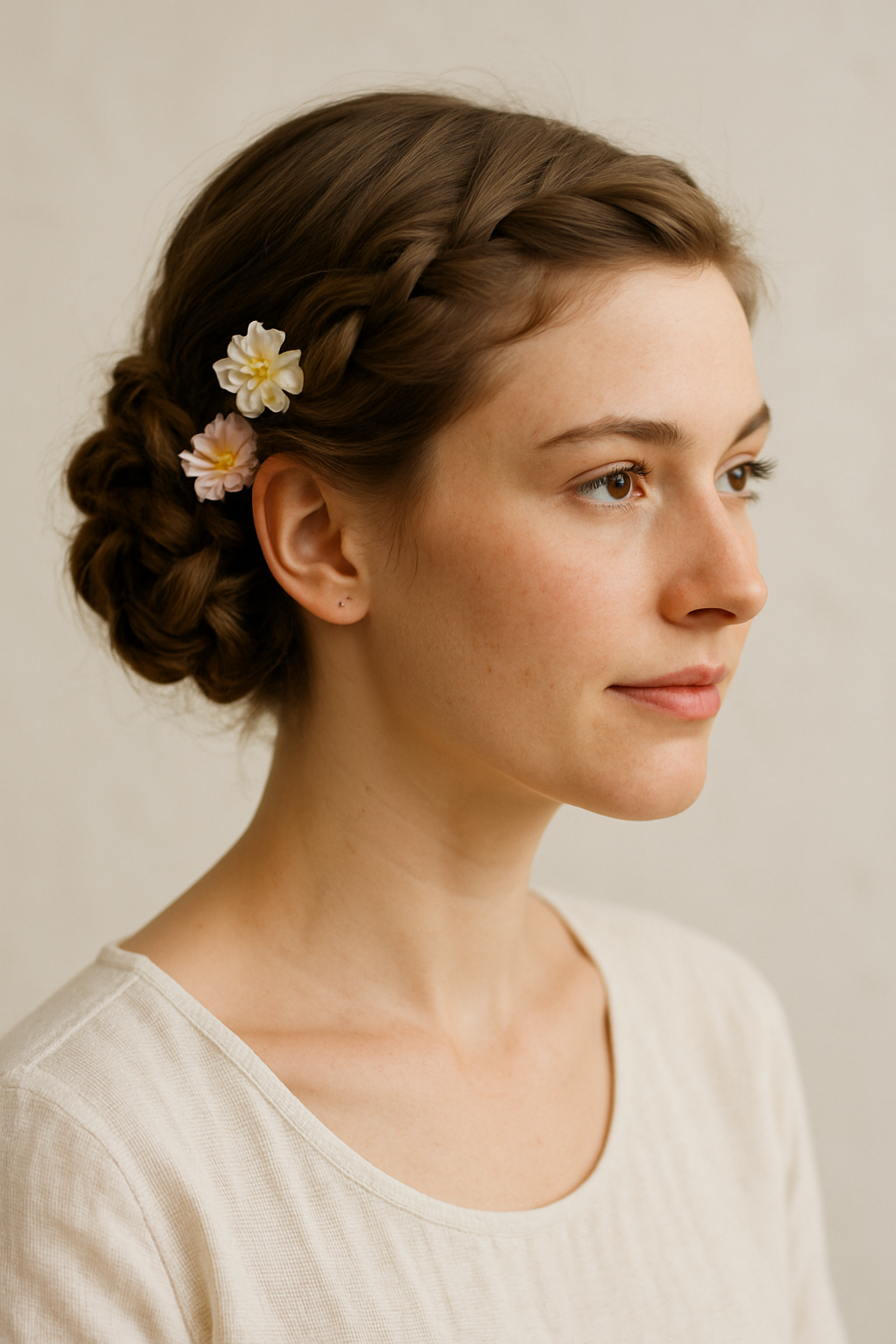 A woman with a braided updo hairstyle adorned with flowers, showcasing an elegant look.