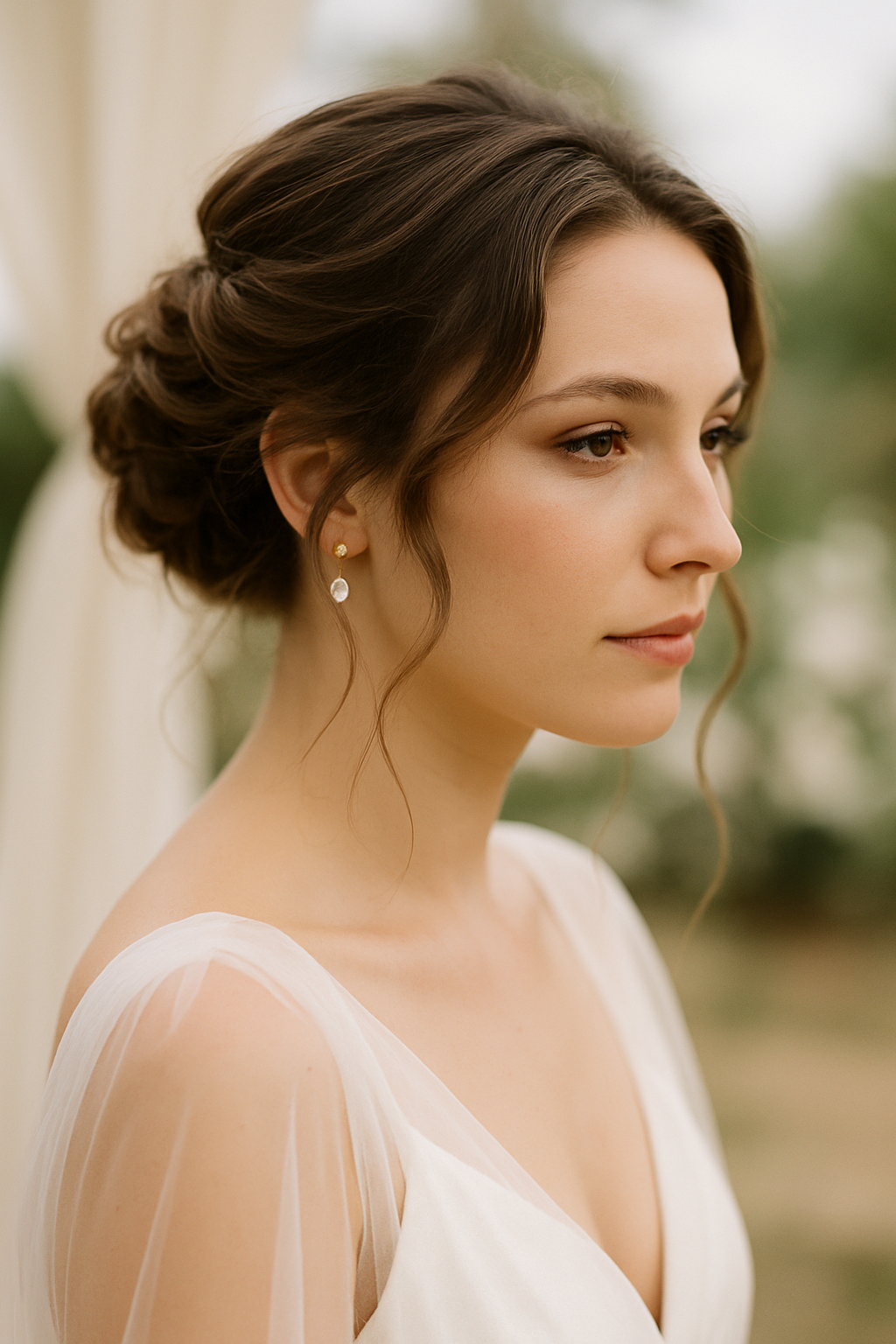 A woman with a braided updo hairstyle adorned with a satin ribbon, showcasing a soft and elegant look.