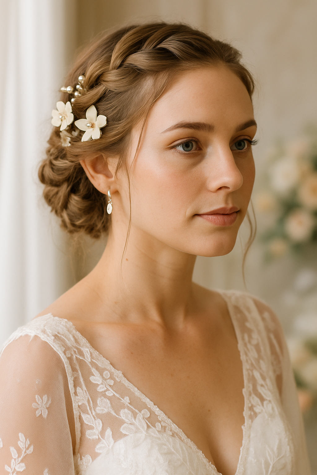 A bride with a braided updo hairstyle adorned with flowers, showcasing elegance and beauty.