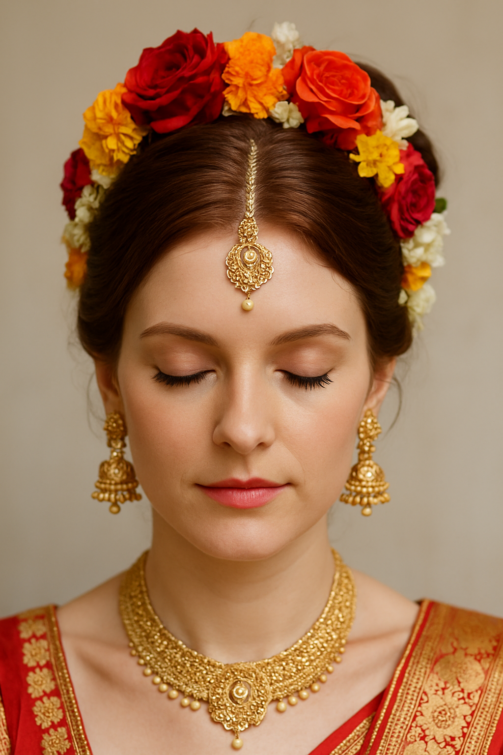 A woman with an elegant bun hairstyle adorned with colorful flowers and gold jewelry.