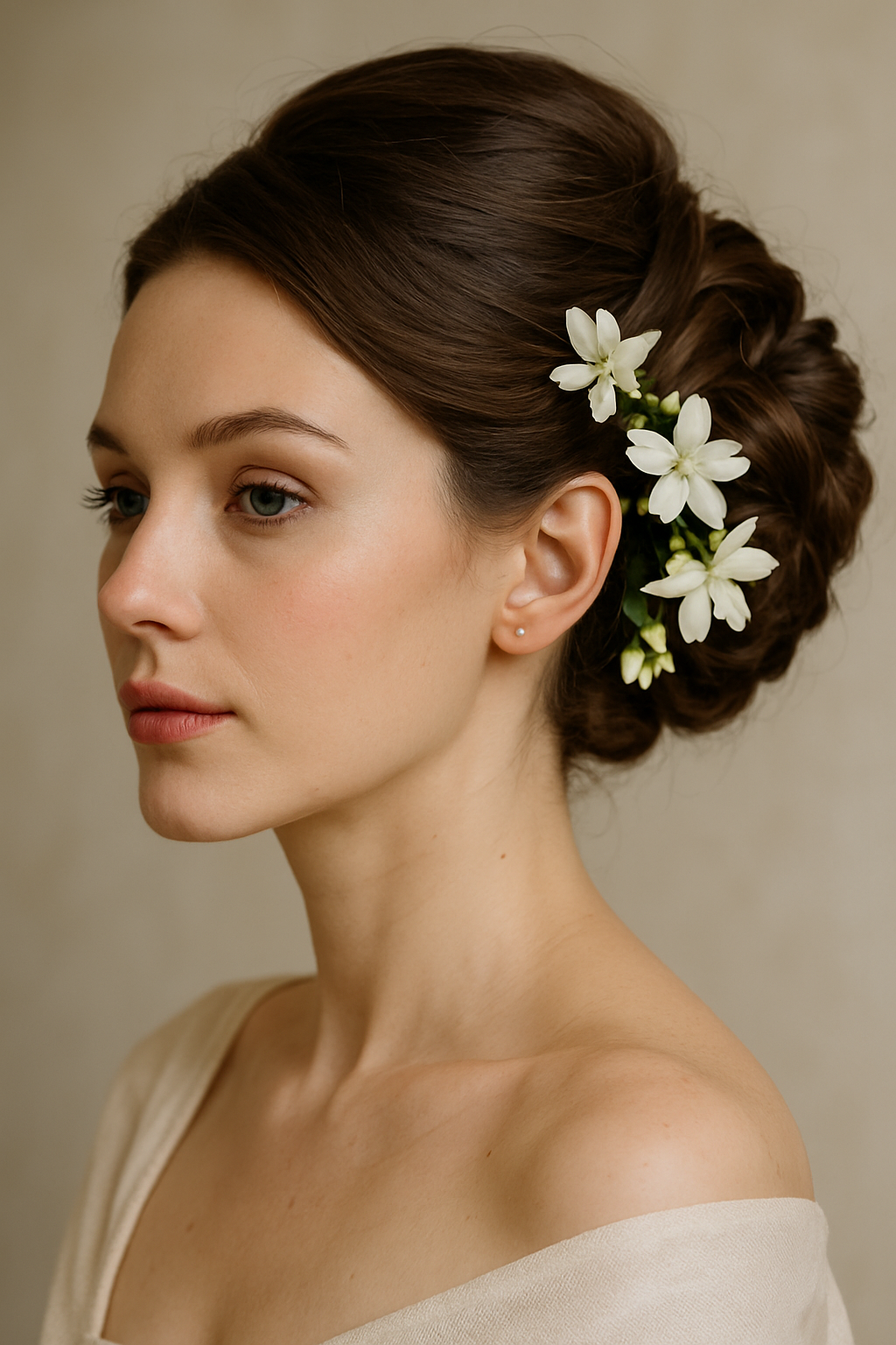 A woman with an elegant bun hairstyle adorned with jasmine flowers.