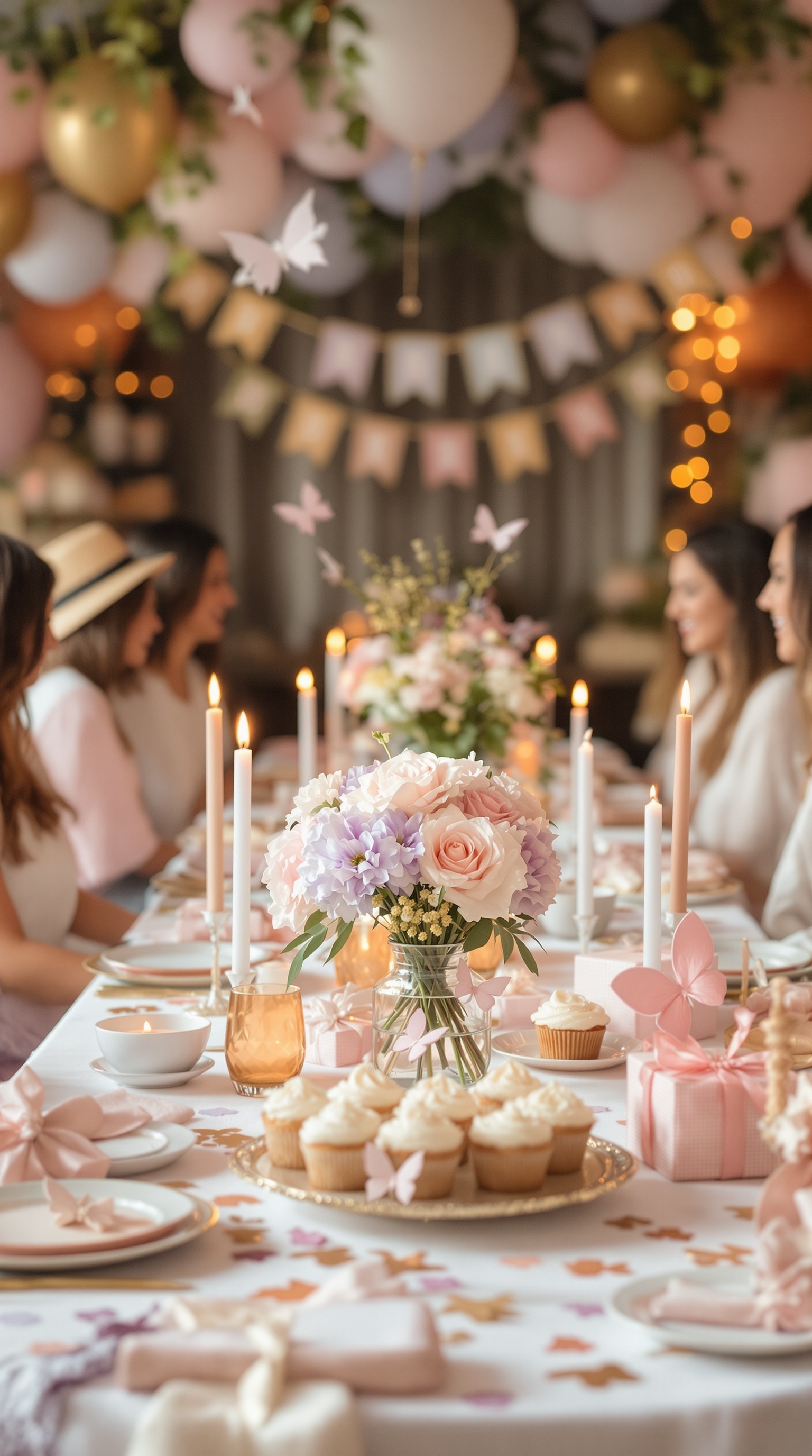 Elegant butterfly-themed centerpieces at a baby shower with flowers, candles, and cupcakes.