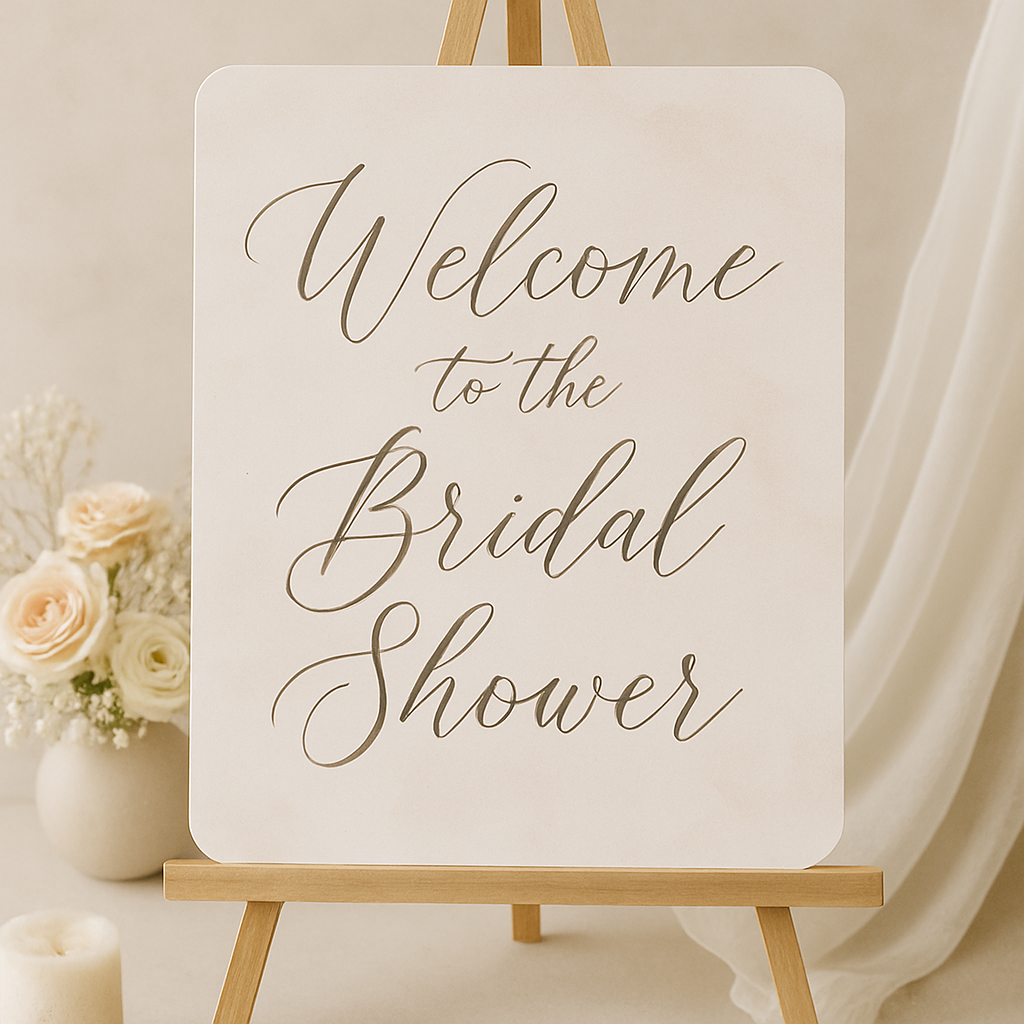 Elegant bridal shower welcome sign with calligraphy