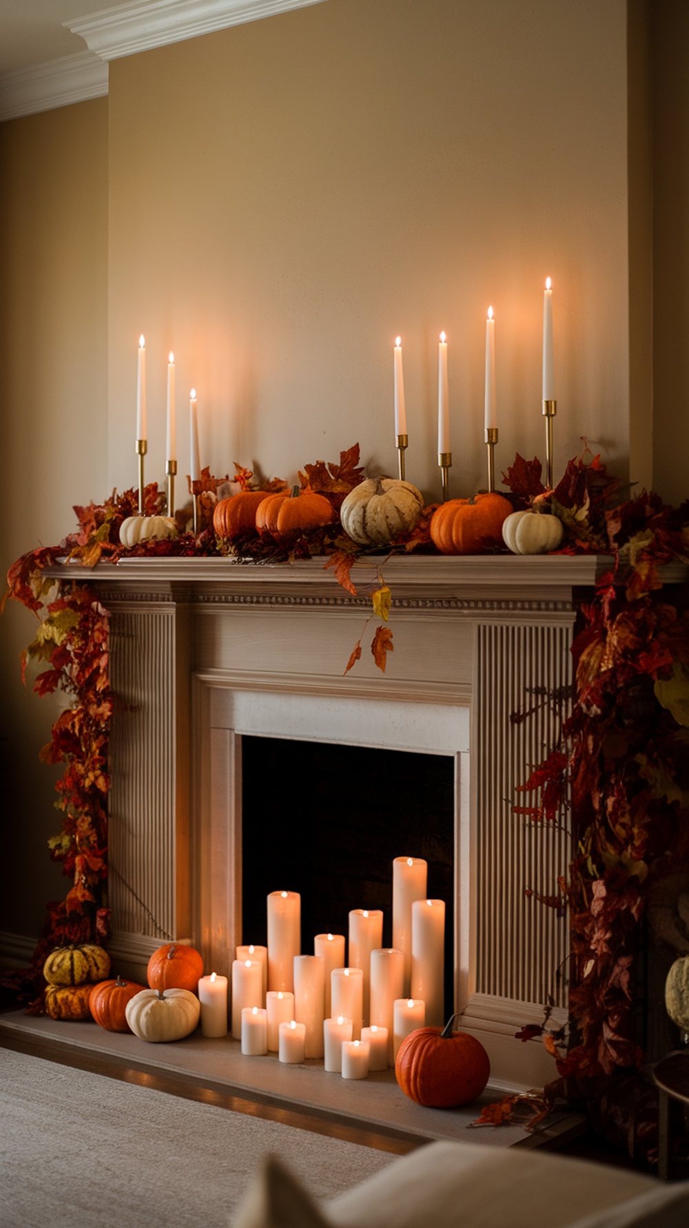 A beautifully decorated mantel with candles, pumpkins, and autumn leaves for Thanksgiving.
