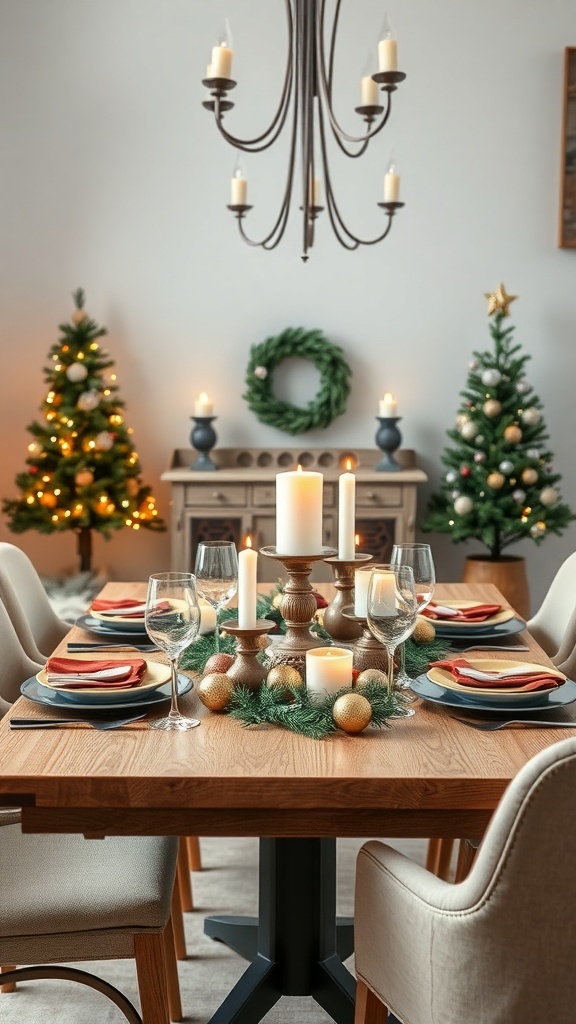 A beautifully decorated Christmas dining table featuring an elegant candle centerpiece with greenery and festive decor.