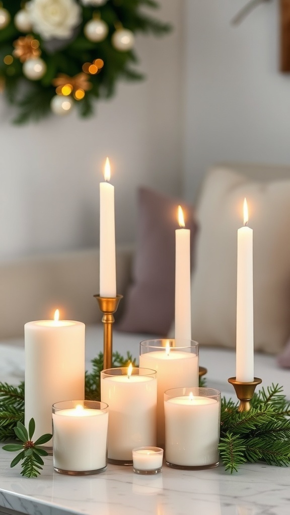 A cozy arrangement of white candles of various heights surrounded by greenery, creating a warm winter decor.