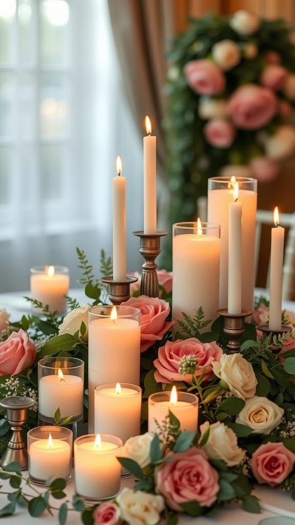 Elegant wedding centerpiece featuring various candles surrounded by roses and greenery