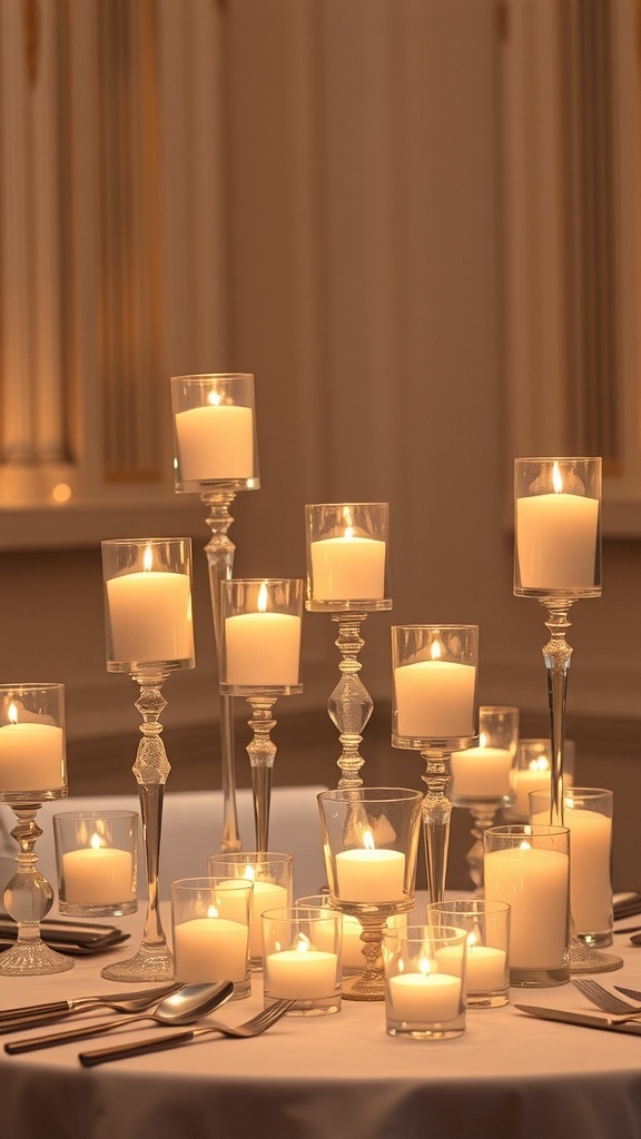 An elegant display of candles in various heights and shapes on a wedding table