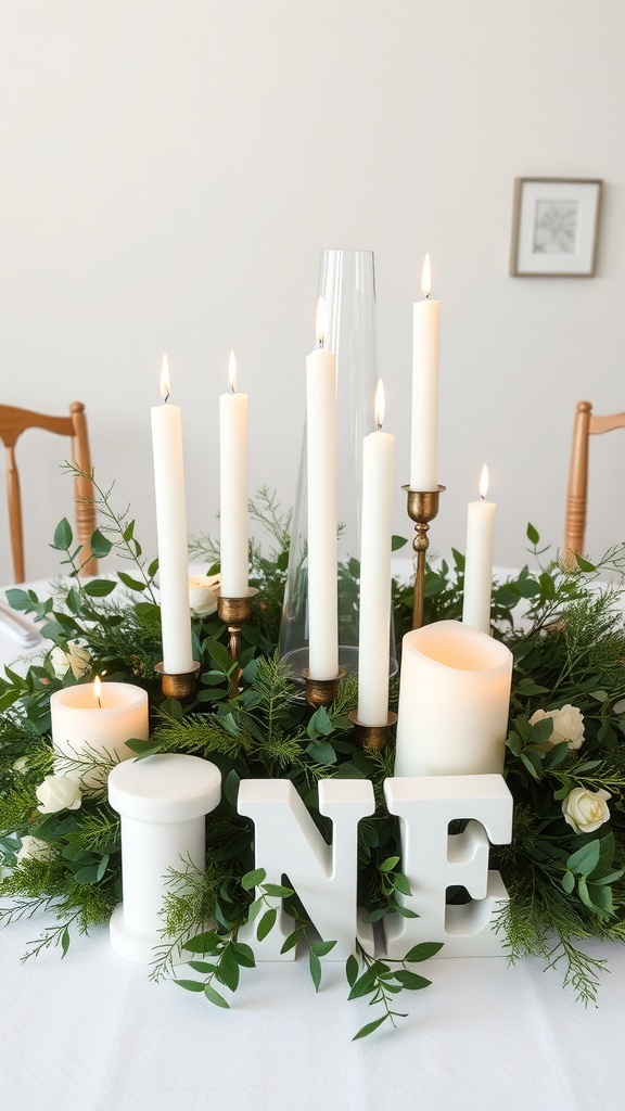 Elegant candle display arrangement for wedding centerpieces with greenery and white flowers