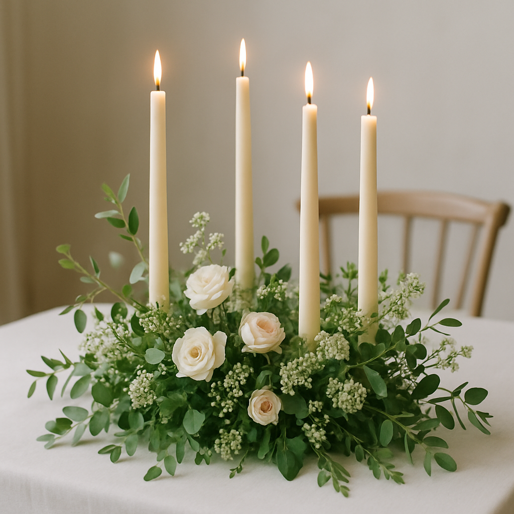 A centerpiece featuring four tall candles surrounded by greenery and roses on a table.