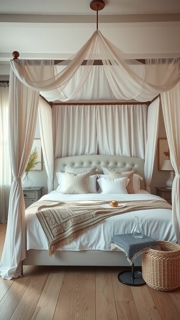A romantic farmhouse bedroom featuring an elegant canopy bed with soft drapes and cozy decor.