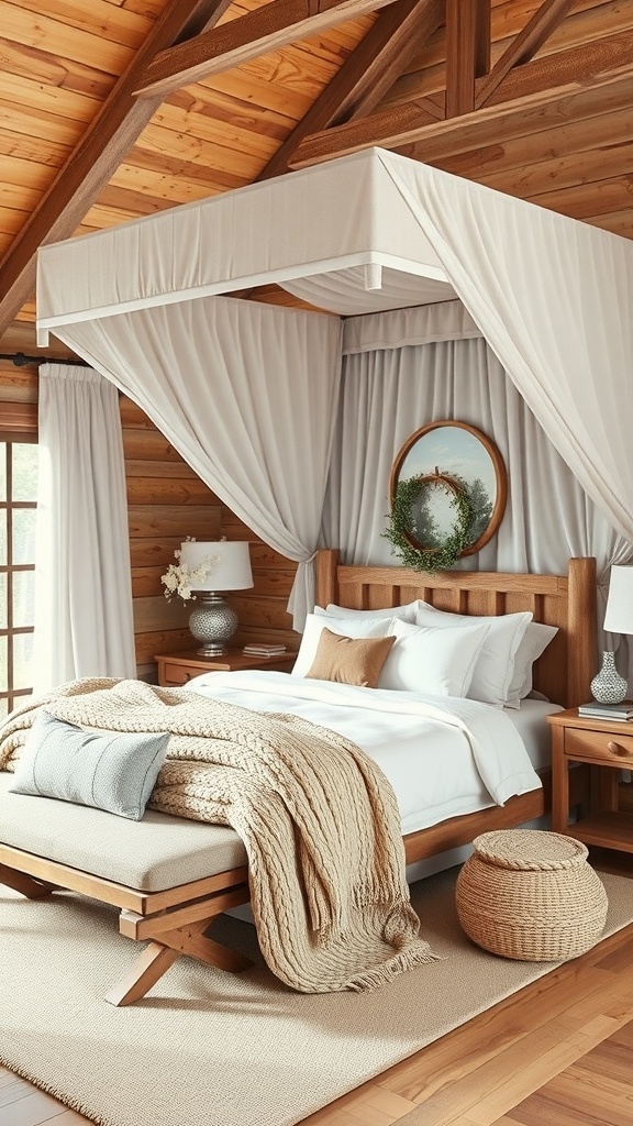 Cozy cabin bedroom featuring a canopy bed with soft drapes and warm wooden accents.