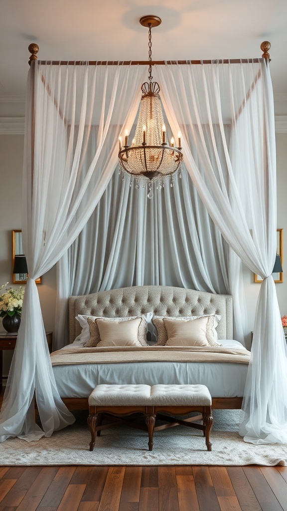 A romantic canopy bed with soft drapes and a chandelier above.