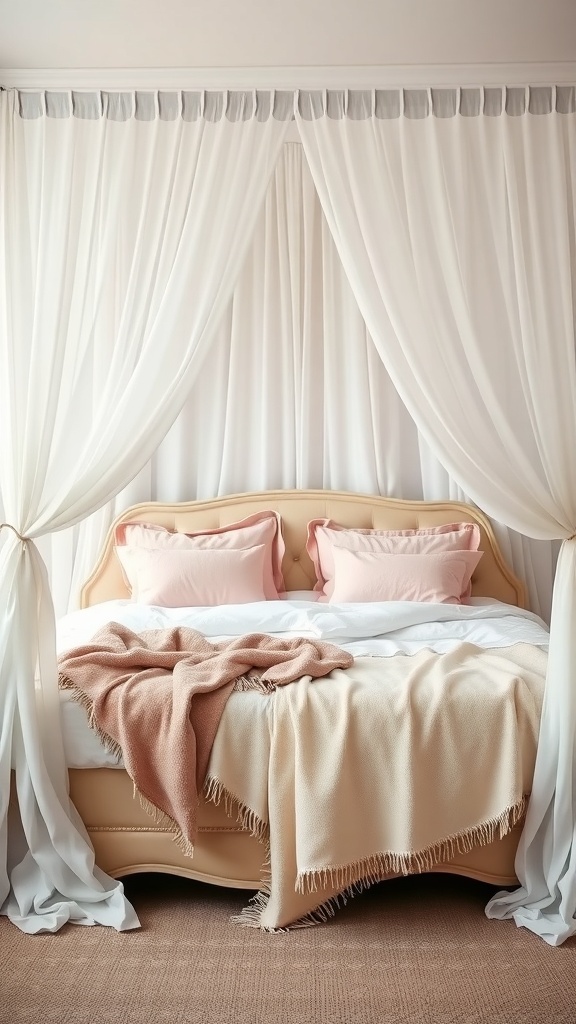 A romantic pink bedroom featuring an elegant canopy bed with soft drapes and pastel pillows.