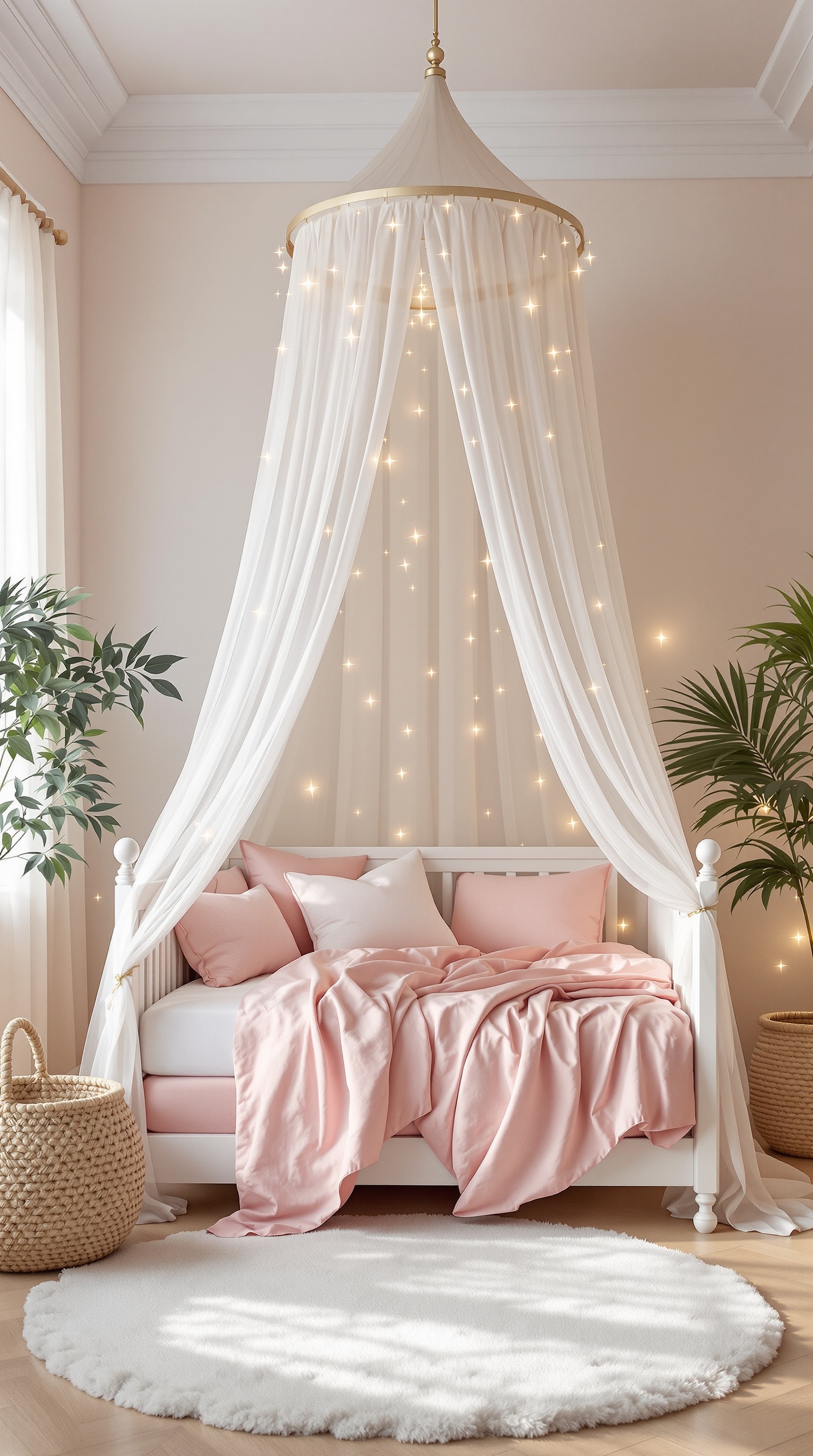 A cozy baby girl bedroom featuring a canopy bed with soft pink bedding and white drapes, surrounded by plants and a fluffy rug.