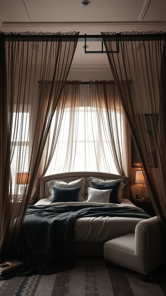 A cozy bedroom featuring a canopy bed with sheer curtains, warm lighting, and plush bedding.