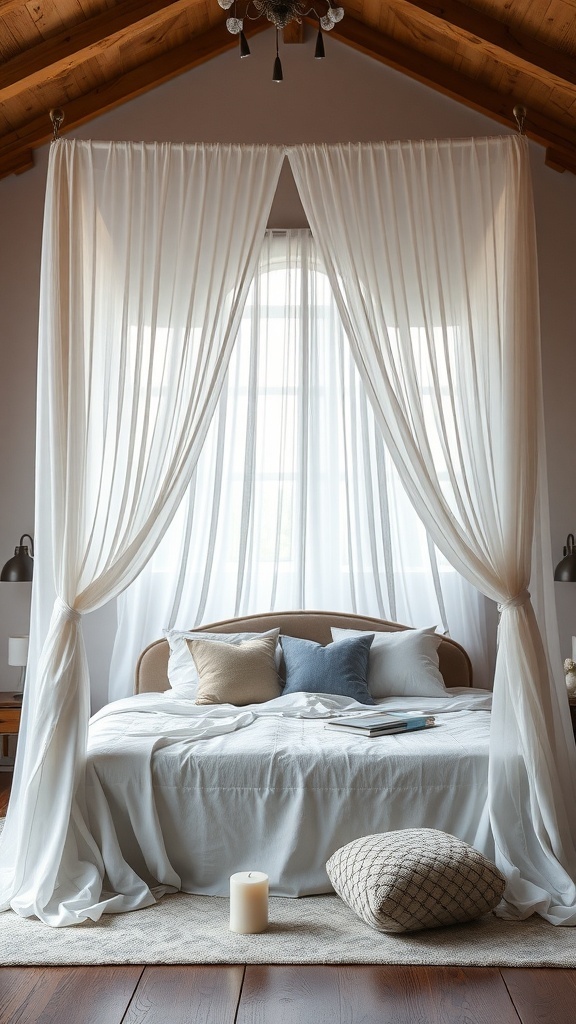 A cozy bedroom featuring a canopy bed with soft white drapes, plush pillows, and a candle on the bedside table.
