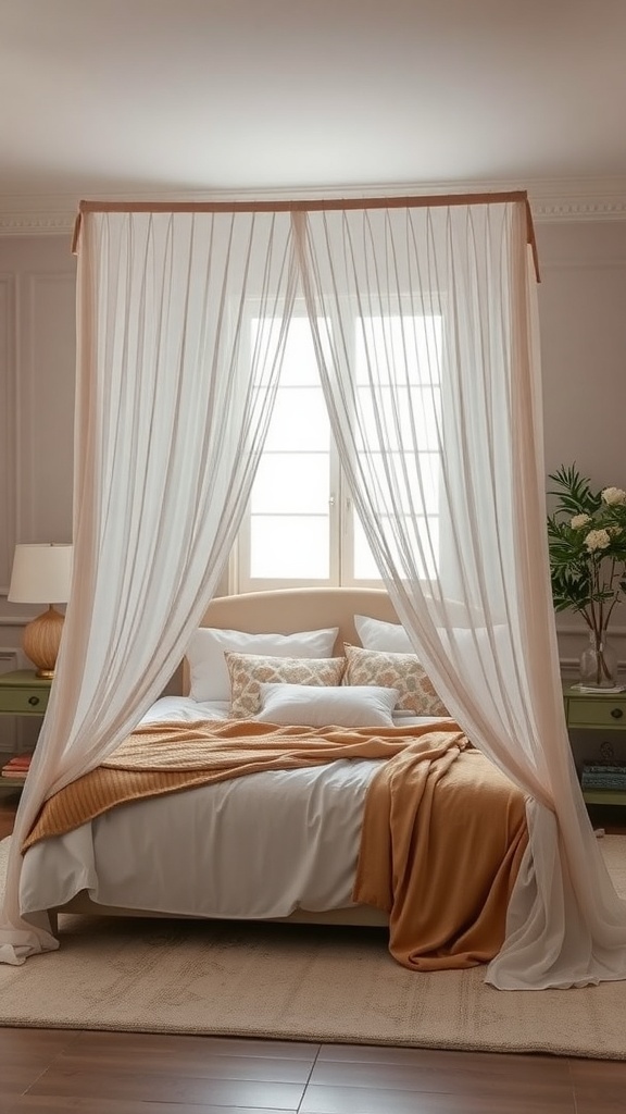 A cozy bedroom featuring a soft canopy over the bed, with neutral-toned bedding and warm accents.