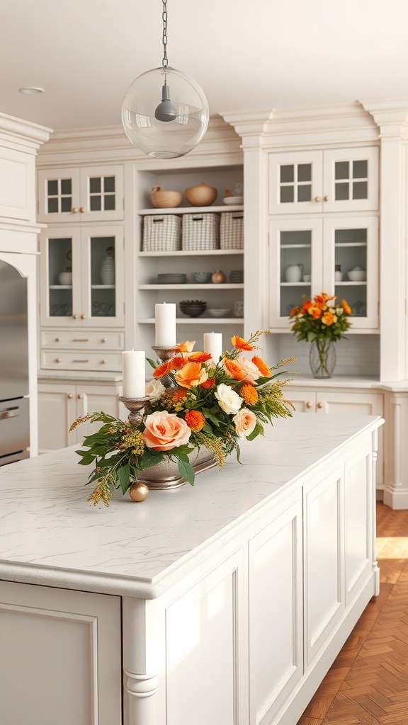 A beautifully decorated kitchen island featuring a floral centerpiece with orange and white flowers, along with elegant candles.