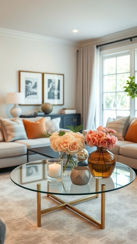 Cozy living room with a glass coffee table featuring floral arrangements and decorative items.