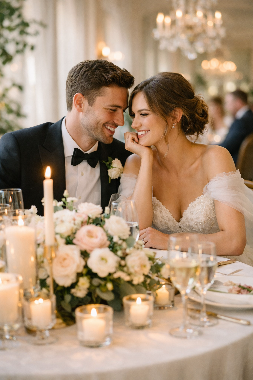 A romantic wedding centerpiece featuring candles and floral arrangements, with a couple enjoying their meal.
