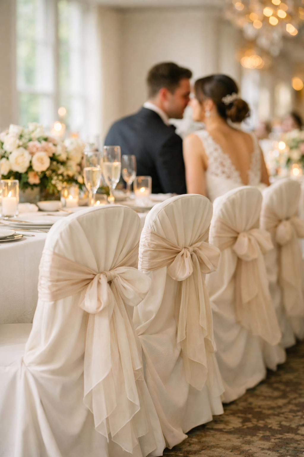 Elegant white chair covers with beige sashes at a wedding reception