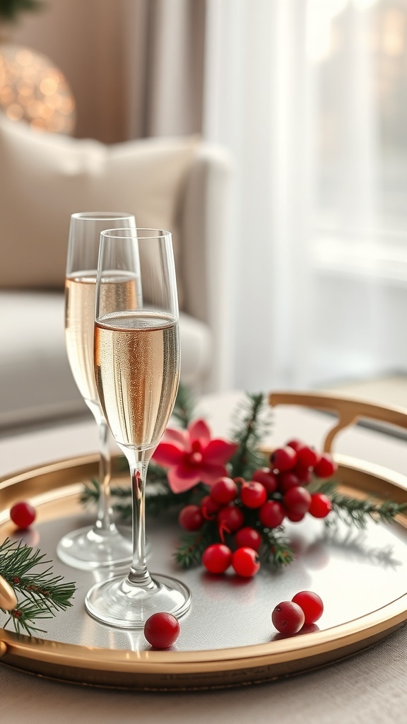 A tray with two glasses of champagne, red berries, and greenery, creating a festive holiday decor.