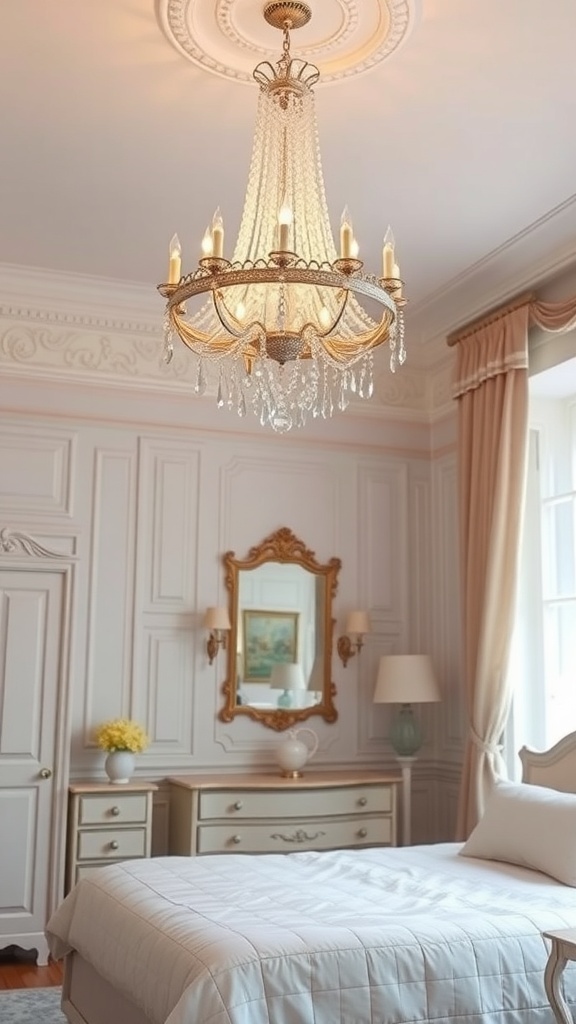 A beautiful chandelier in a romantic French bedroom, featuring crystals and warm lighting.