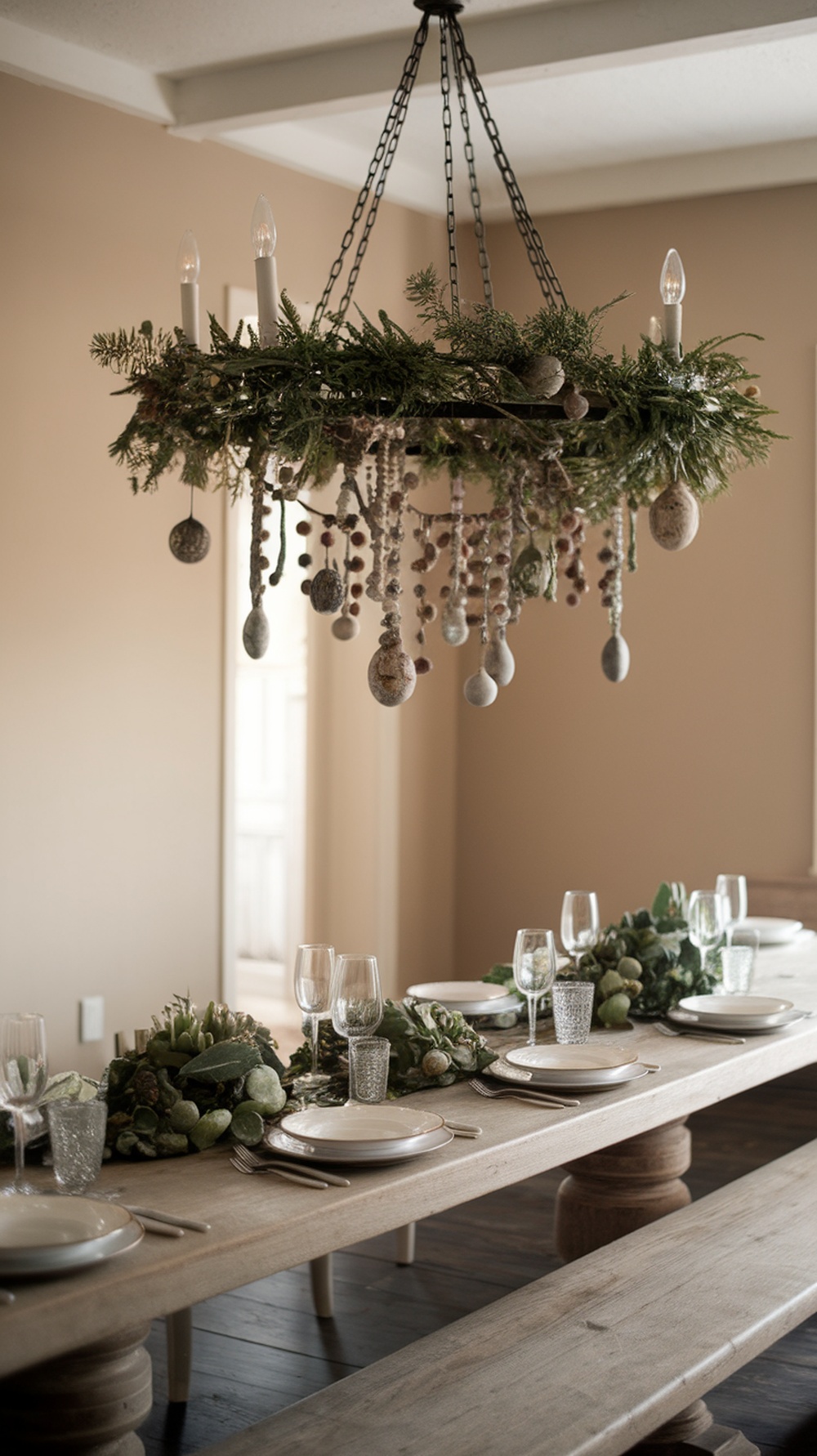 A beautifully decorated chandelier with greenery and holiday accents hanging above a dining table.