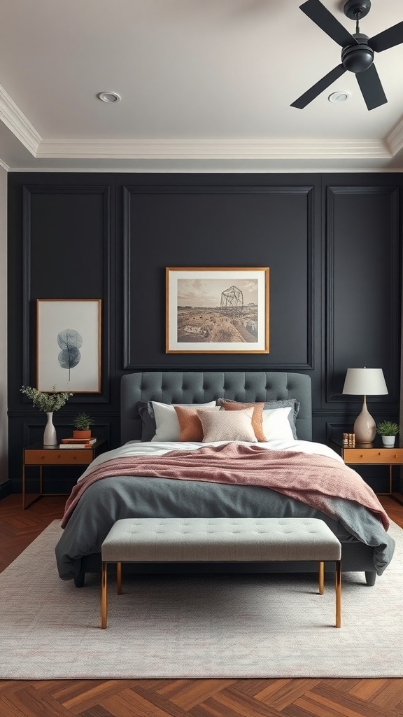 A bedroom featuring charcoal walls, blush bedding, and wooden furniture, creating a romantic atmosphere.