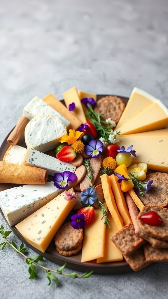 A beautifully arranged charcuterie board featuring a variety of elegant cheeses, garnished with edible flowers and herbs.