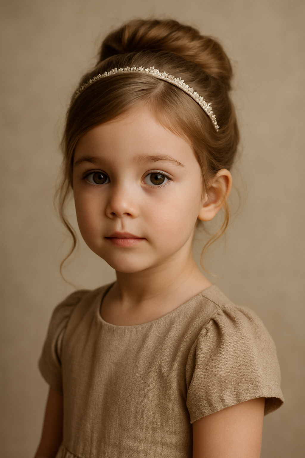 A young girl with a chignon hairstyle and a sparkling headband, wearing a simple dress.