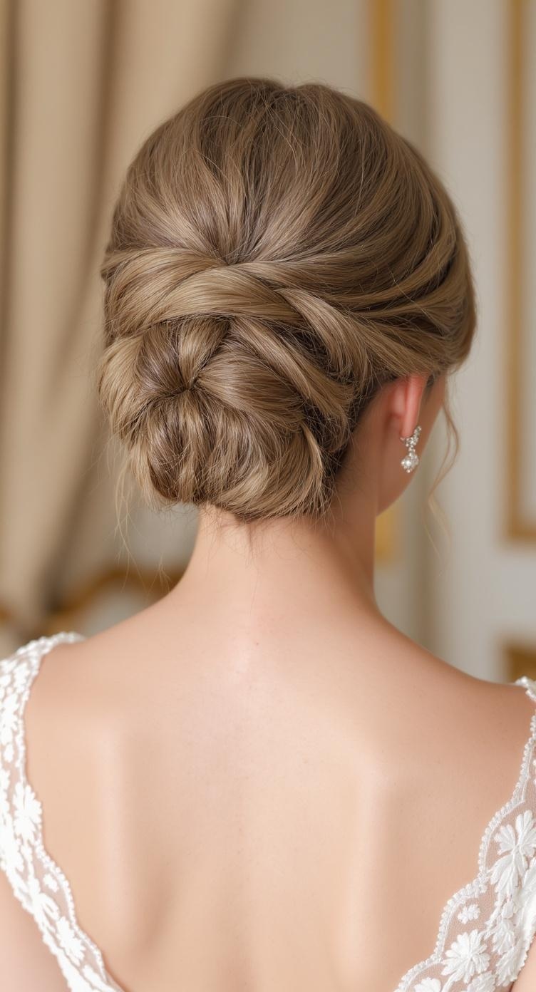 Elegant chignon hairstyle with braided detail, showcasing a polished look perfect for bridesmaids.