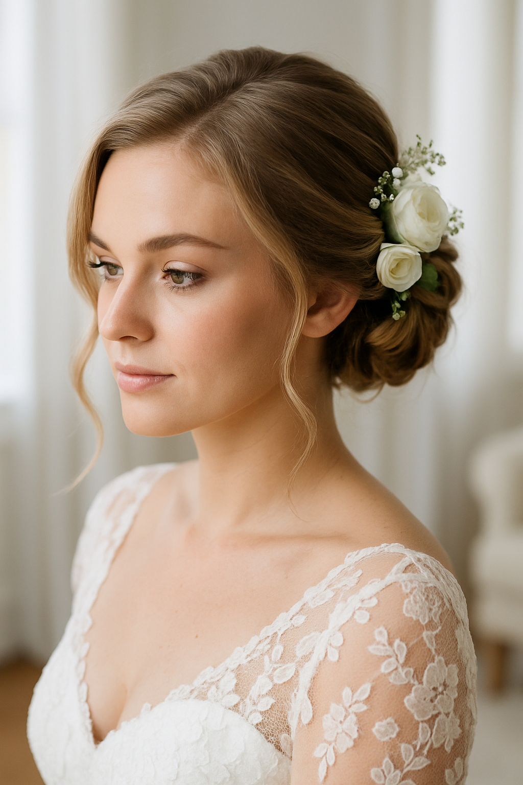 A bride with a chignon hairstyle adorned with white roses and greenery.