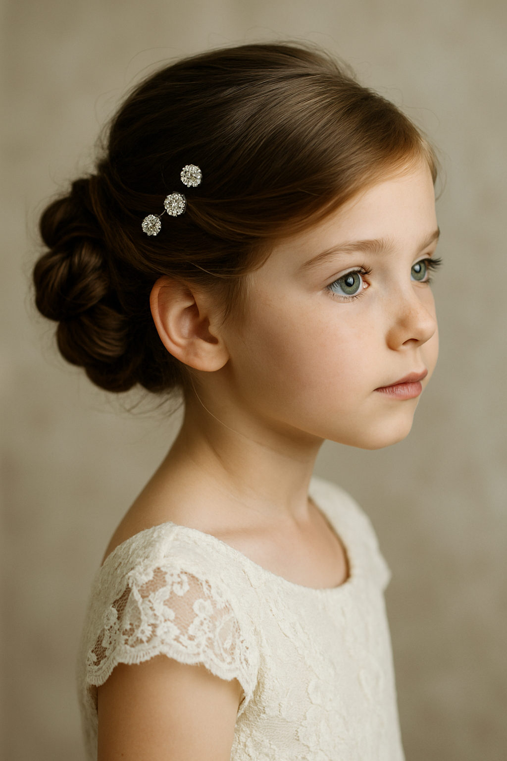 A young girl with a chignon hairstyle adorned with sparkly hairpins, wearing a lace dress.