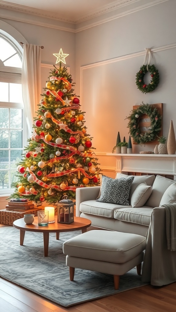 Cozy living room with a beautifully decorated Christmas tree, warm lighting, and comfortable seating.