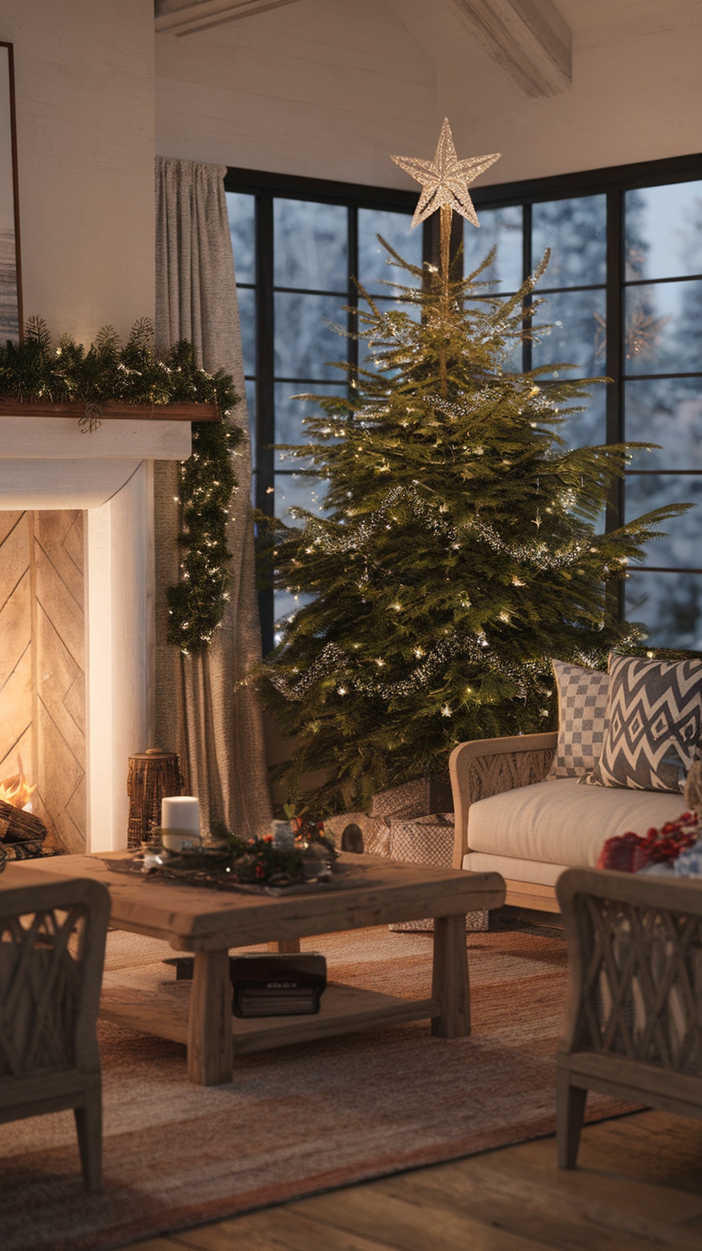 A cozy living room with a beautifully decorated Christmas tree topped with a star, a fireplace, and rustic furniture.