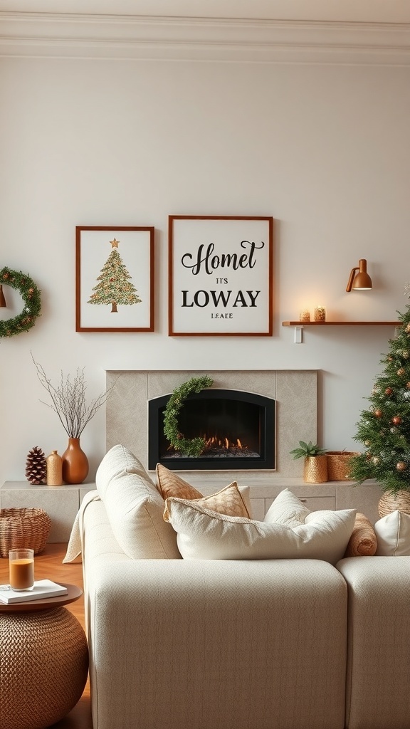 Cozy living room with Christmas wall art featuring a tree and a warm phrase, decorated with a wreath and a festive atmosphere.