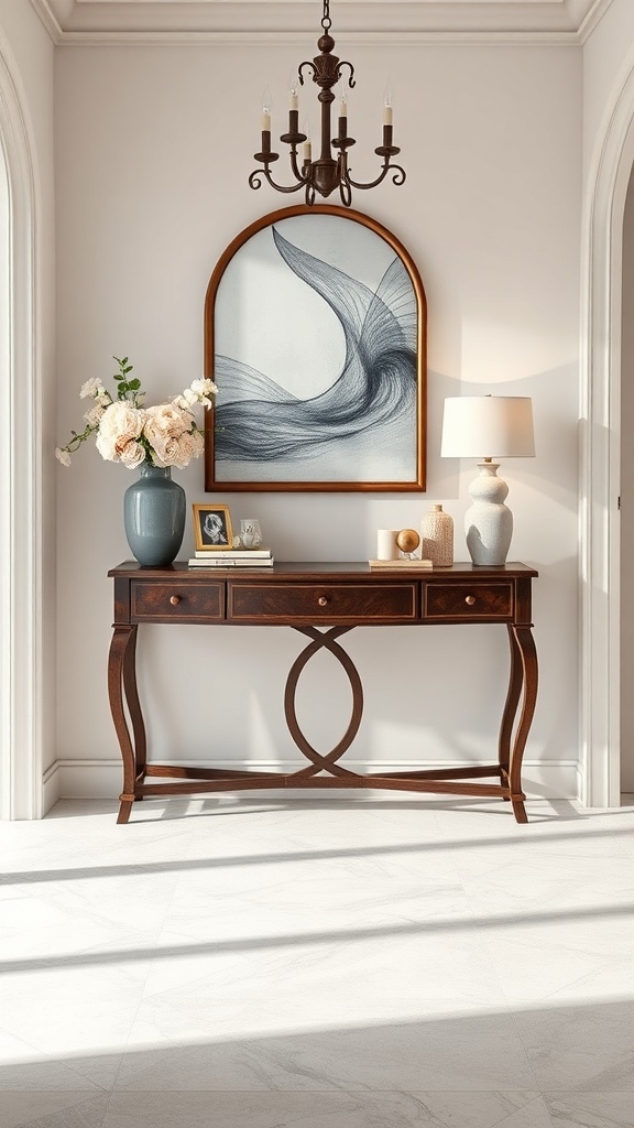 A wooden console table with decor in a foyer, featuring a mirror, lamp, and flowers.