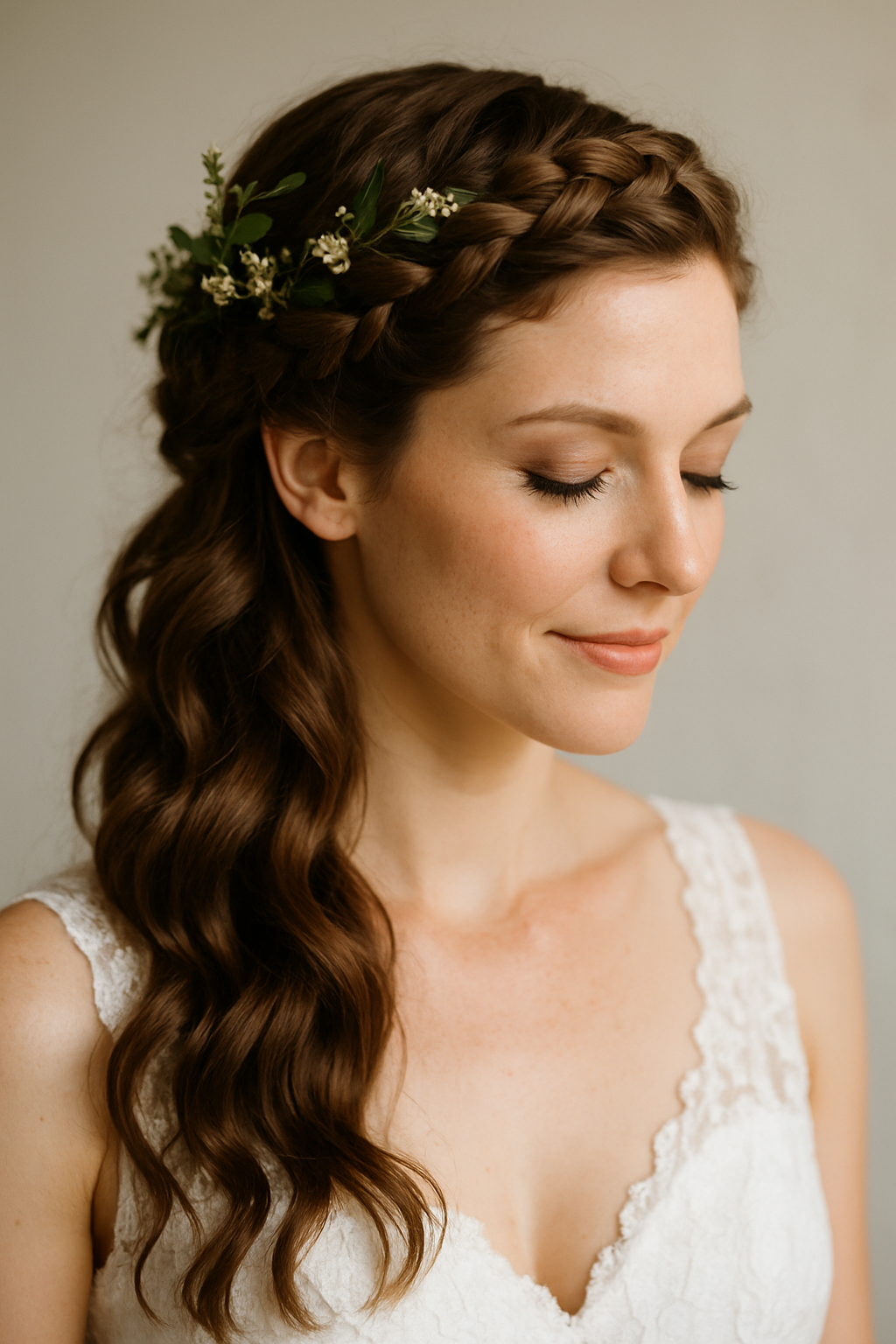 Bride with a crown braid hairstyle adorned with greenery