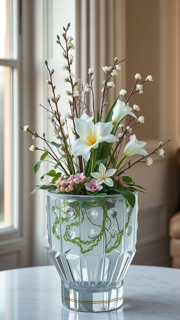 A crystal vase filled with white lilies, pink flowers, and green foliage, placed on a table.