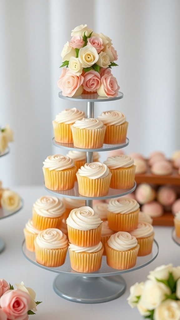 A pastel-colored cupcake tower with decorative flowers at a bridal shower dessert table.
