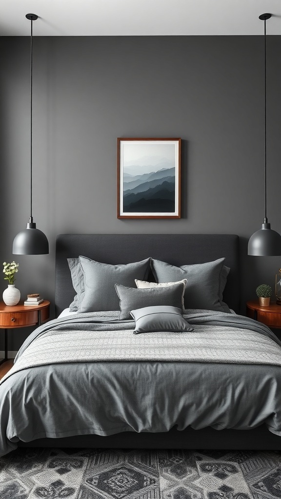 A stylish dark grey bedroom featuring a bed with layered grey bedding, pendant lights, and a framed mountain artwork.