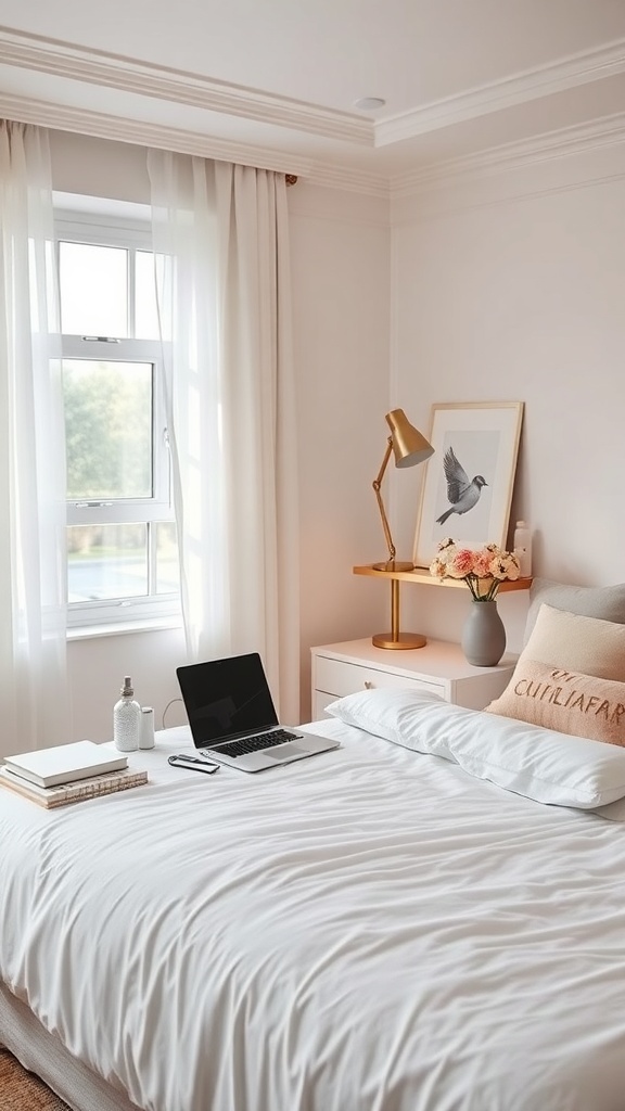 A clean and elegant desk space in a bedroom with a laptop, books, and a vase of flowers.