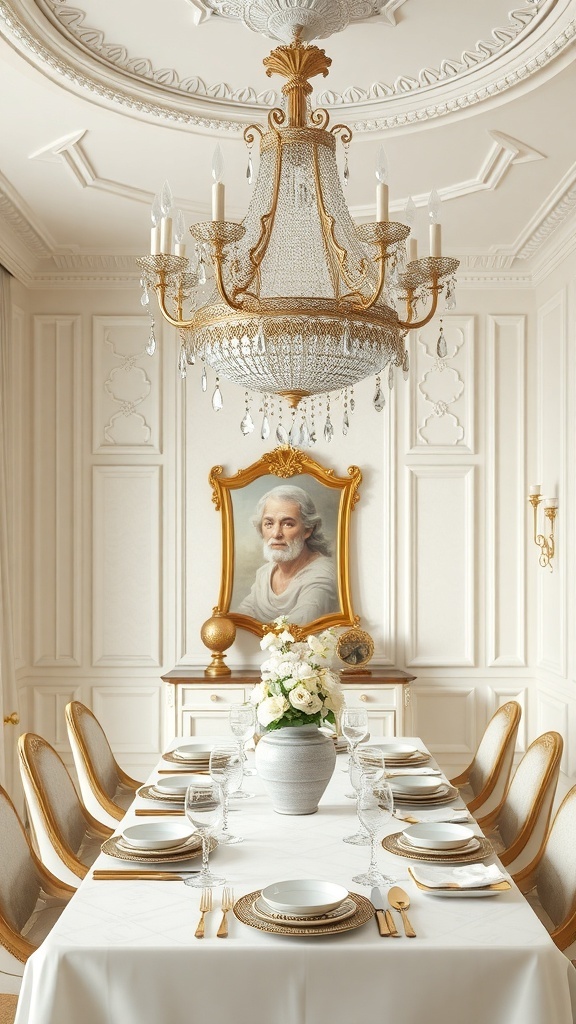 Elegant dining room featuring a statement chandelier, fine china, and a classic portrait.